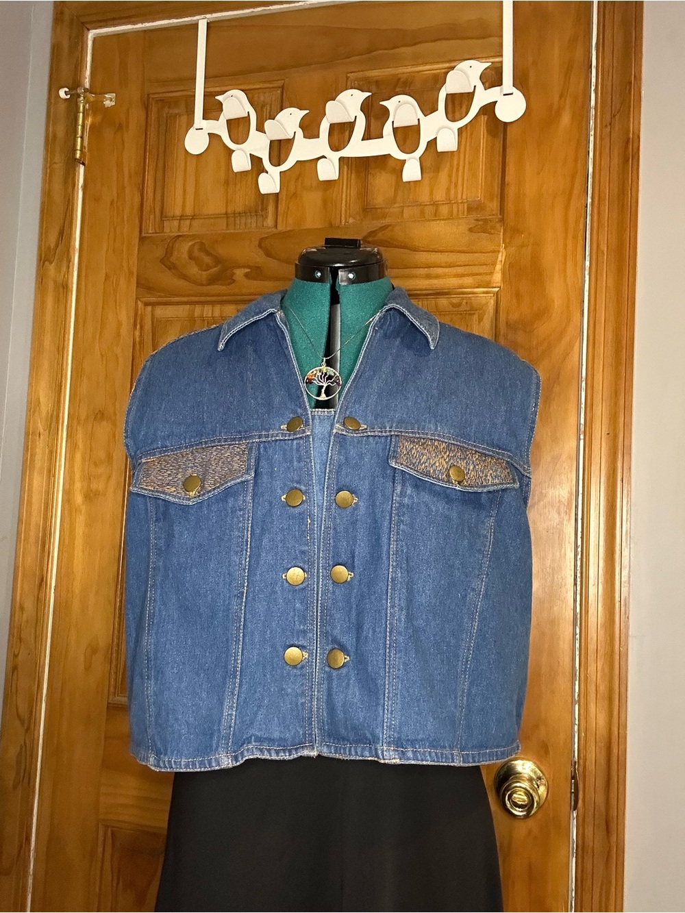 Denim Button-Front Cropped Vest Jacket in Blue